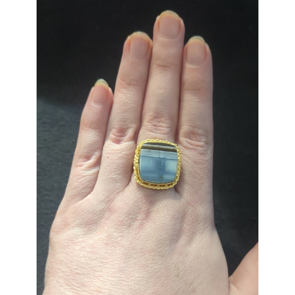 Hand Crafted Jewelry - Gold Tone Blue Grey Owyhee Opal Gemstone Square Statement Ring - Size 9.5